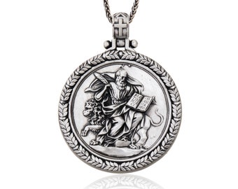 Sterling Silver Saint Mark Medallion Necklace, Christian Jewelry Gift For Fathers Day