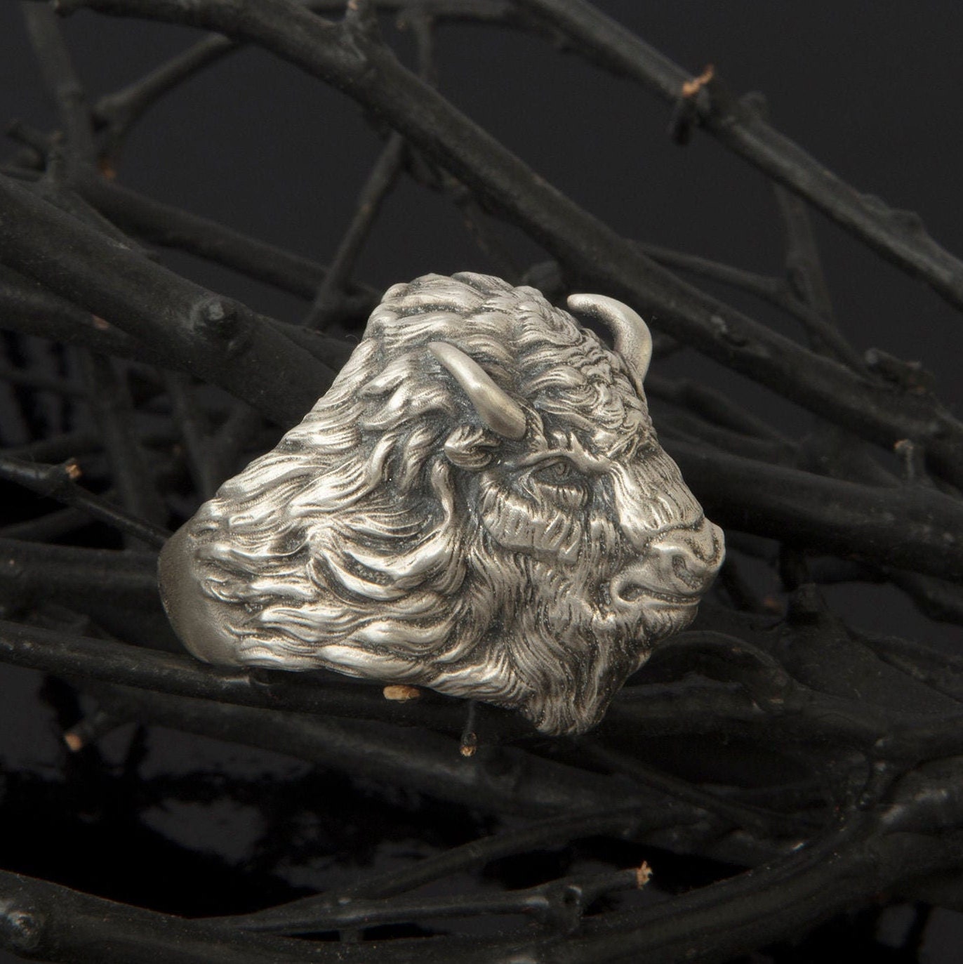 アクセサリー Silver 925 Buffallo Horn Signet Ring #17 Solid Silver Wild Buffalo Ring, American Buffalo Rings, Gift