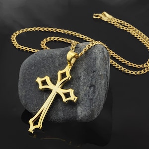 14K Gold Cross Cuban Chain Necklace, Cross Necklace For Men, Religious Jewelry, Solid Gold Crucifix Necklaces, Birthday Gift For Father&#39;s