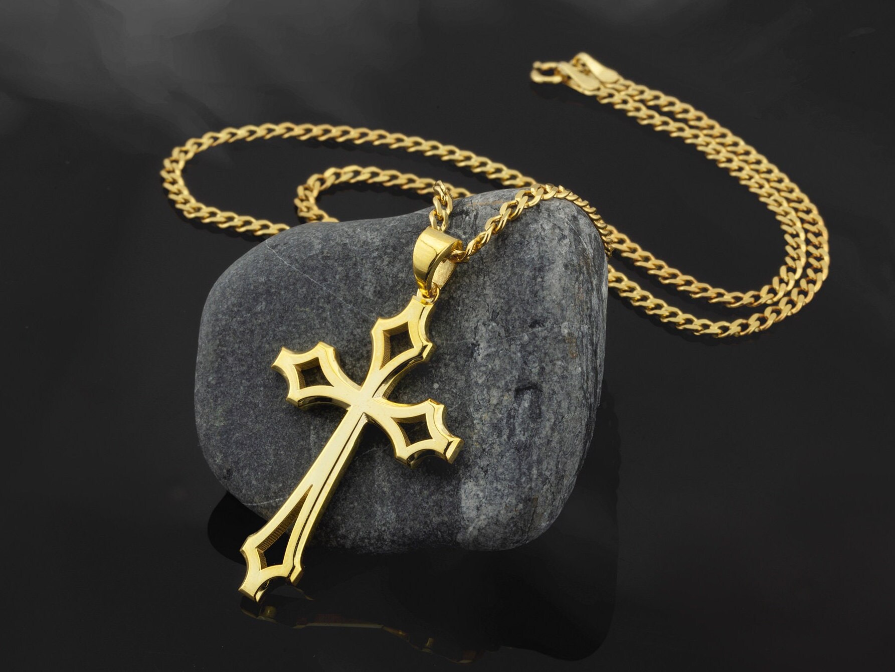 14K Gold Cross Cuban Chain Necklace, Cross Necklace for Men