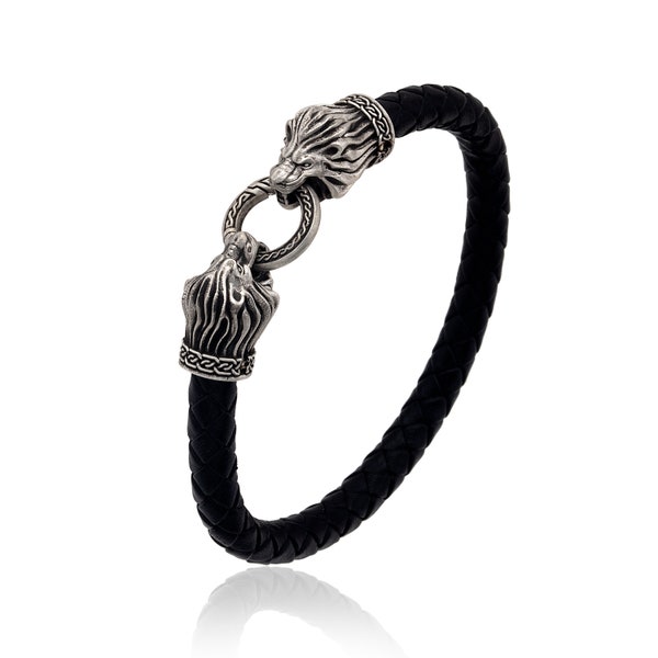 Silbernes Löwenarmband, afrikanisches wildes Löwenkopfarmband, Geschenk für Mann, Herrenlederarmbänder, Geschenk für Väter, beste Geschenke für den Vatertag