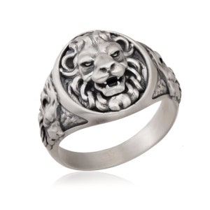Silver Lion Signet Ring, Men&#39;s Signet Ring, Oxidized Lion Head Ring, Silver Gift For Men, Statement Lion Ring, Birthday Gift For Father&#39;s