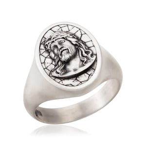 925 Sterling Silver Jesus Signet Ring, Men&#39;s Religious Statement Ring, Gift For Catholic Man, Jesus Head Ring, Birthday Gift For Father&#39;s