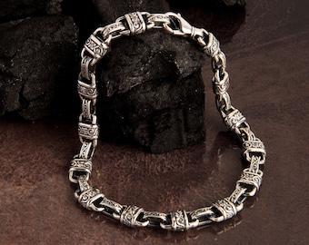 Silberne klobige Armbänder, silberne byzantinische Ketten, handgefertigtes Silberarmband mit Gravur, Silberarmband des Vaters, Geburtstagsgeschenk für Vater