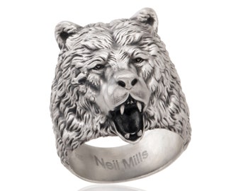 Silver Bear Ring, Wild Angry Bear Ring, Statement Man Ring, Gift For Men, Bear Head Ring, Animal Signet Rings, Birthday Gift For Father&#39;s