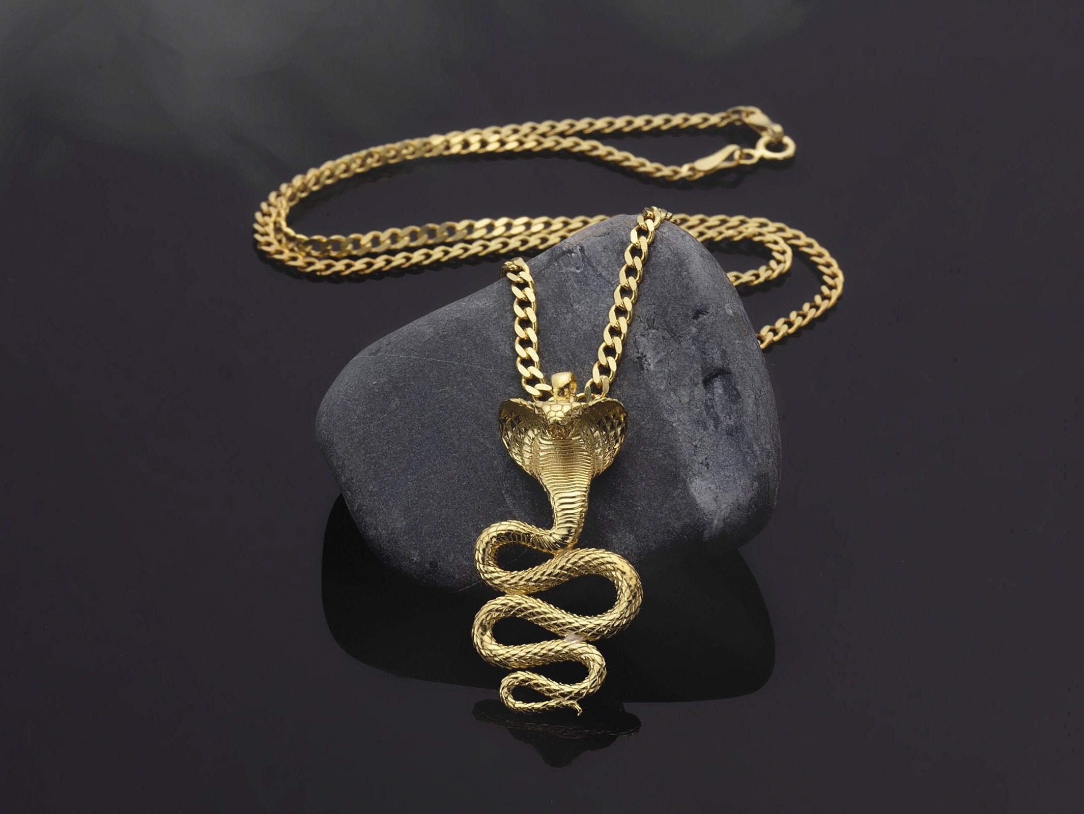 10K Gold Cobra Snake Pendant With Curb Cuban Chain 14K Solid - Etsy Denmark