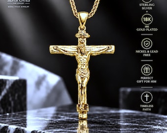 Cross Necklace for Men, Jesus Crucifix Pendant, Gold Plated Cross For Him, 925 Sterling Silver, 10K 14K 18K Solid Gold