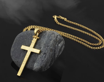 10K Solid Gold Cross Necklace For Men, 14K Gold Crucifix Cuban Chain Necklace, Gift For Men, Religious Jewelry, Gift For Fathers Day