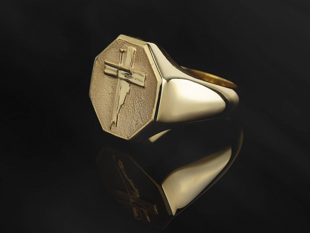 14K Solid Gold Crucifix Ring, 10K Cross Statement Man Ring, Religious