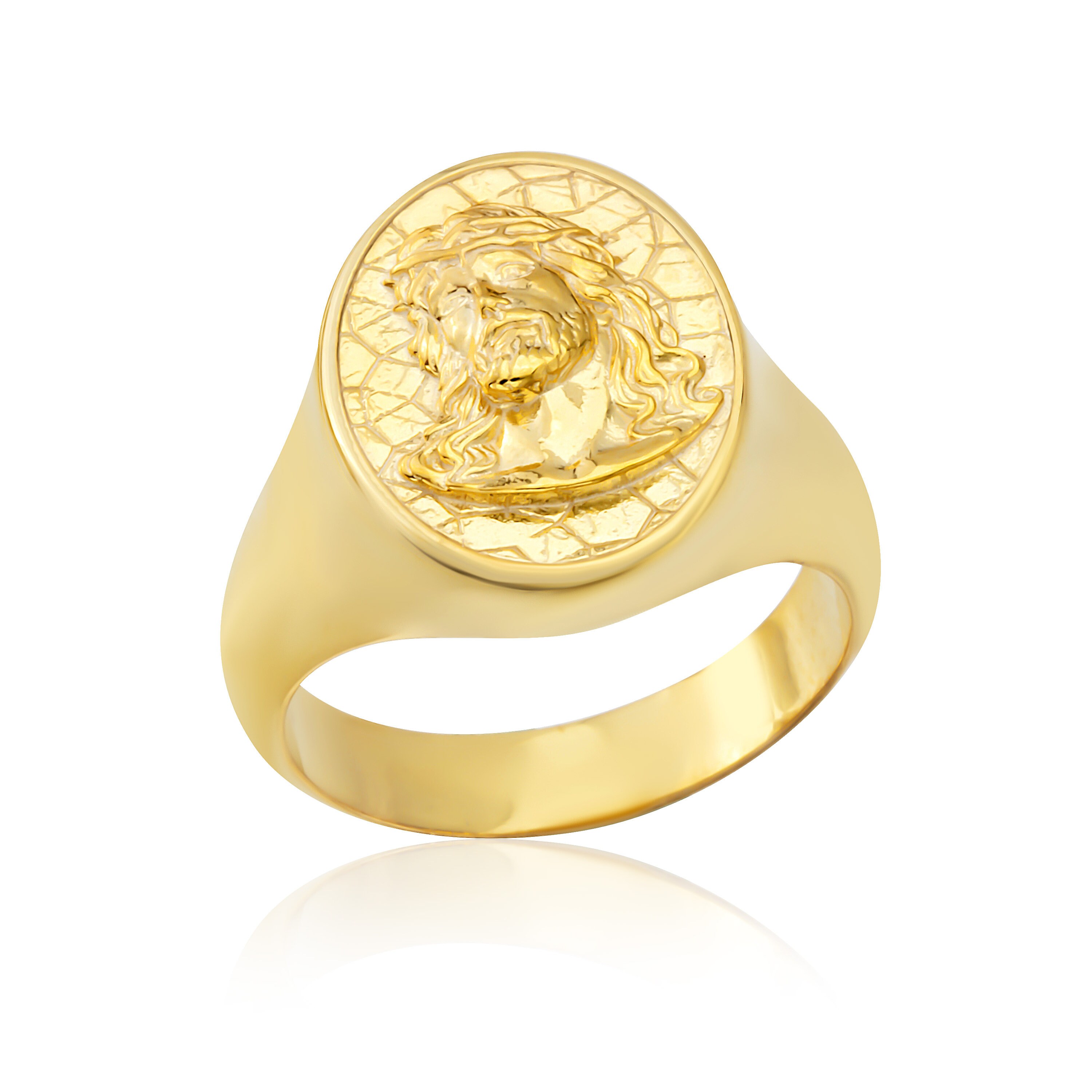 18K Gold Relief Jesus Christ Rings, 14K Gold Savior Crowned Messiah ...