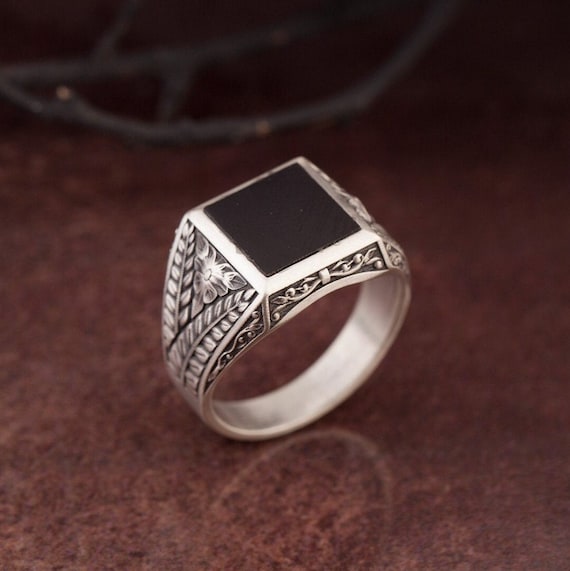 Square Black Onyx Signet Ring, Engraved Sterling Silver Gift for