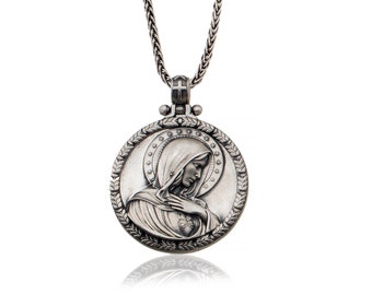 Virgin Mary Sterling Silver Necklace, Religious Pendant