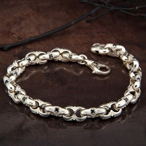 Sterlingzilveren dikke armband, Byzantijnse kettingen, handgemaakte herenkettingarmbanden, zwarte diamant herenarmband, uniek cadeau voor Vaderdag