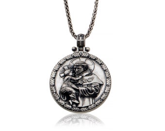 Sterling Silver Saint Anthony Pendant Necklace, Christian Medallion Gift For Fathers Day