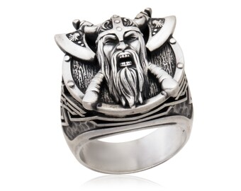 Viking Odin Sterling Silver Ring, Scandinavian Warrior Jewelry Gift For Fathers Day