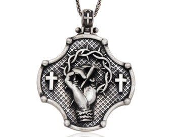 Sterling Silver Crucifix Necklace, Christian Jesus Hand Pendant Gift For Fathers Day