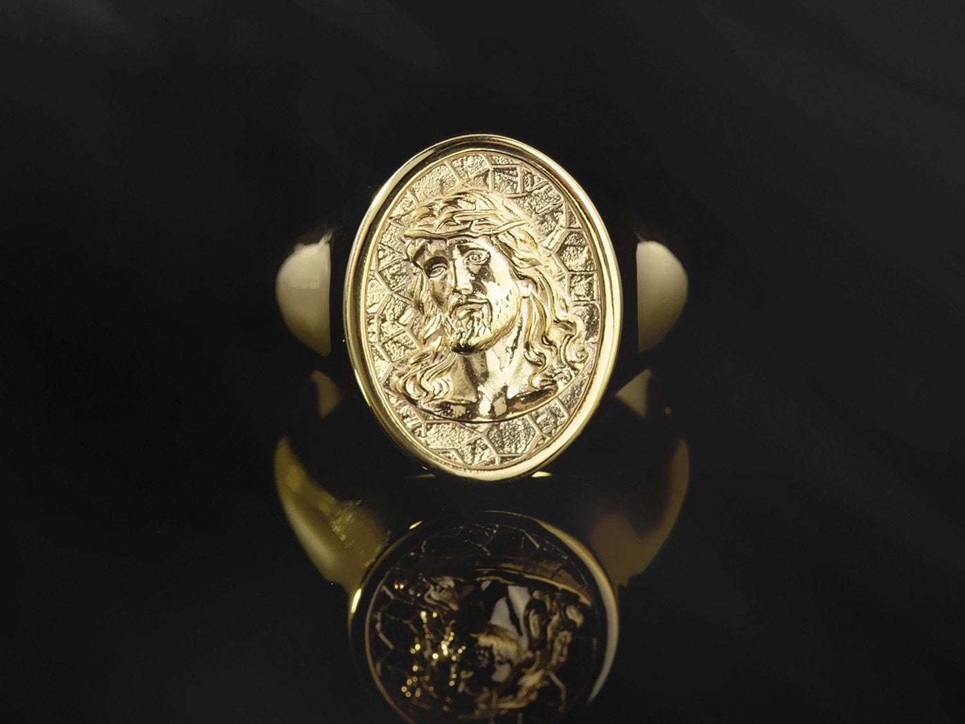 18K Gold Relief Jesus Christ Rings, 14K Gold Savior Crowned Messiah ...