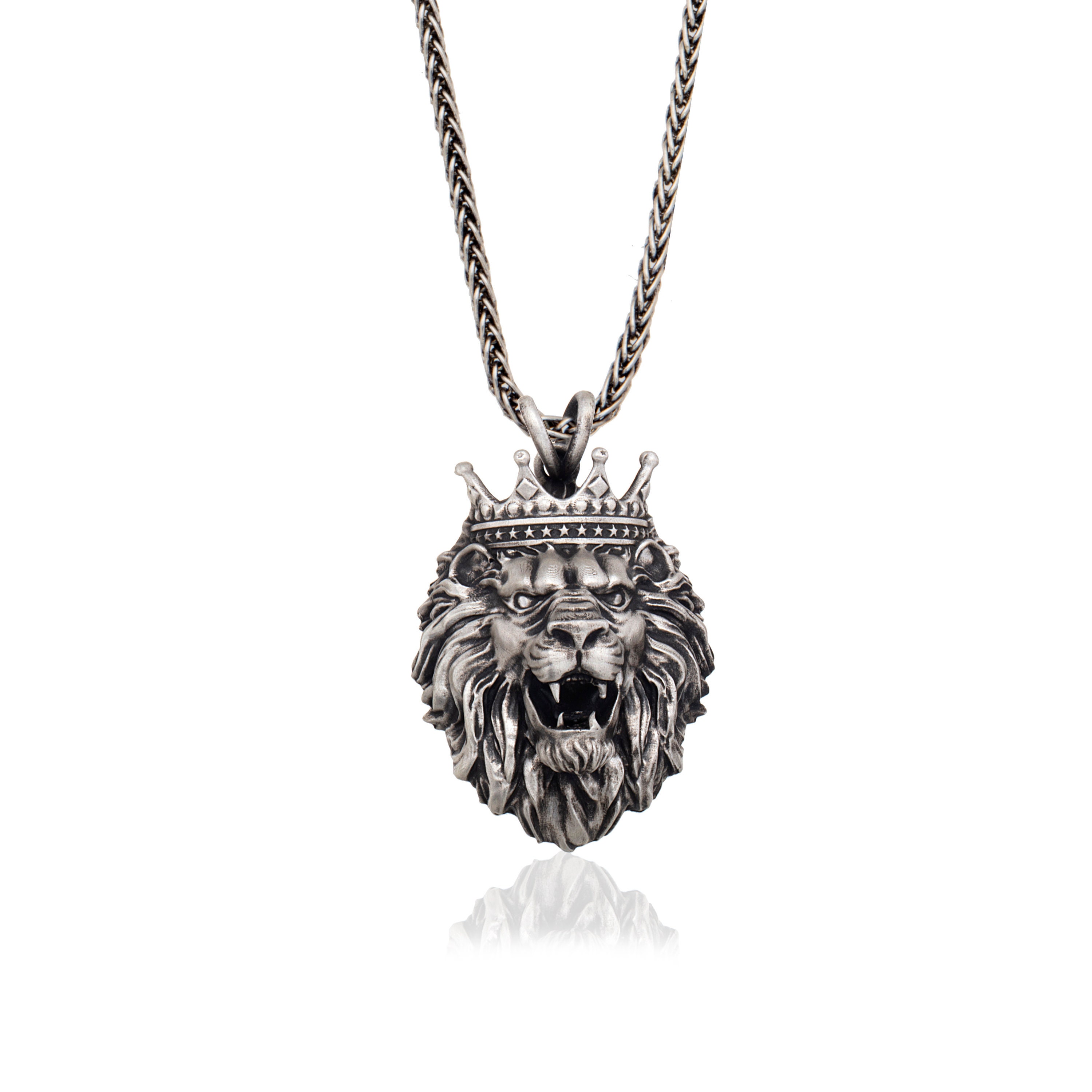 Solid Silver African Lion Necklaces, King Crowned Lion Man Pendant