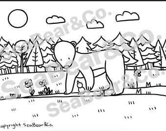 Bear&Bird Digital Download Coloring Sheet by SeaBearAndCo