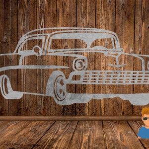 May include: A white outline drawing of a classic car on a wood panel background.