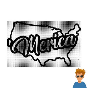 May include: A black and white illustration of the United States of America with the word "America" written in a stylised font inside the outline of the country.