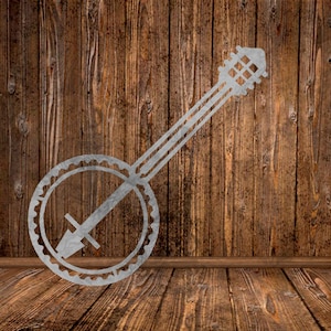 May include: A silver metal banjo silhouette on a wood background. The banjo is a musical instrument with a round body and a long neck.