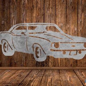 May include: A white silhouette of a classic car, resembling a Chevrolet Camaro, is displayed against a woodgrain background. The car is positioned in the center of the image, with the front facing the viewer. The image is a digital illustration.
