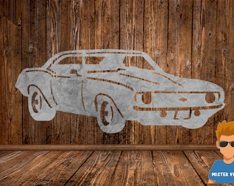 May include: A white silhouette of a classic car, resembling a Chevrolet Camaro, is displayed against a woodgrain background. The car is positioned in the center of the image, with the front facing the viewer. The image is a digital illustration.