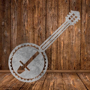 May include: A silver metal banjo silhouette on a wood background. The banjo has a round body and a long neck.