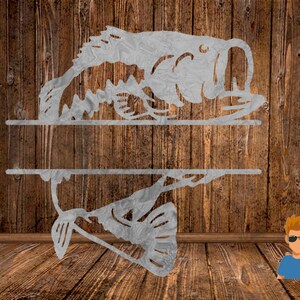May include: A metal silhouette of a bass fish with a split design for adding a name. The fish is silver and the background is a wood grain.