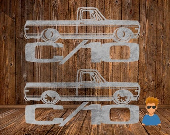 Puede incluir: Dos imágenes en silueta blanca de una camioneta vintage con el texto "C/10" debajo de cada camión sobre un fondo de madera.