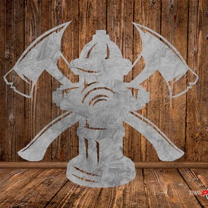 May include: A metal wall art sculpture of a fire hydrant with two crossed axes behind it. The sculpture is painted in a silver color and has a rustic wood background.