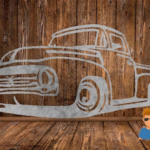 May include: A white outline of a vintage pickup truck on a wood background. The truck is facing the viewer and has a large front grille and headlights.