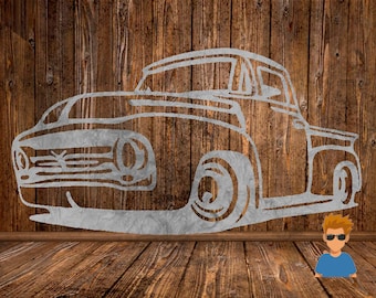 May include: A white outline of a vintage pickup truck on a wood background. The truck is facing the viewer and has a large front grille and headlights.