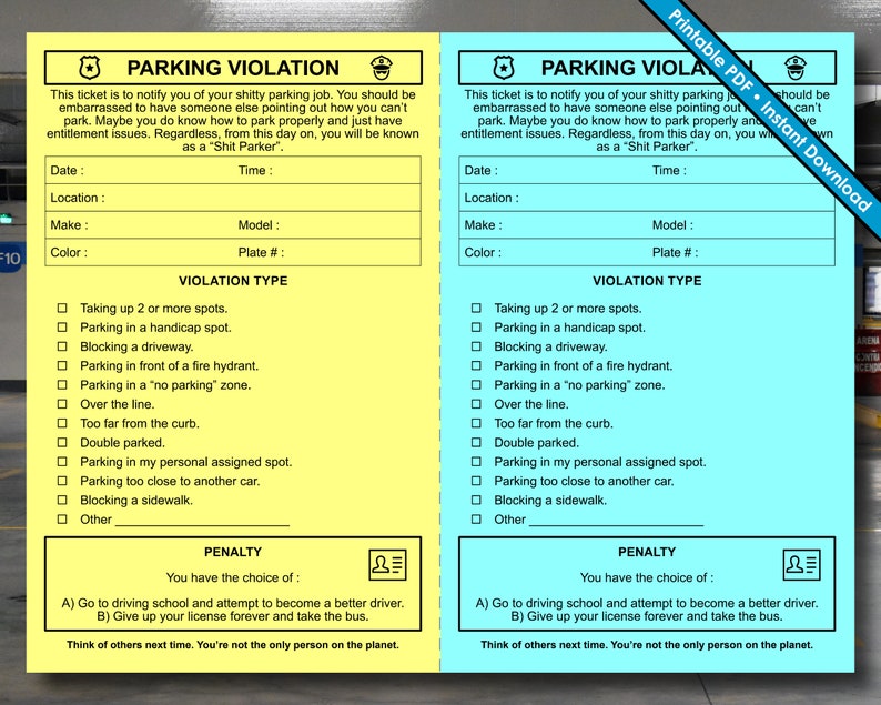 Parking Violation Ticket Fake Parking Ticket Printable PDF Instant Digital Download image 1