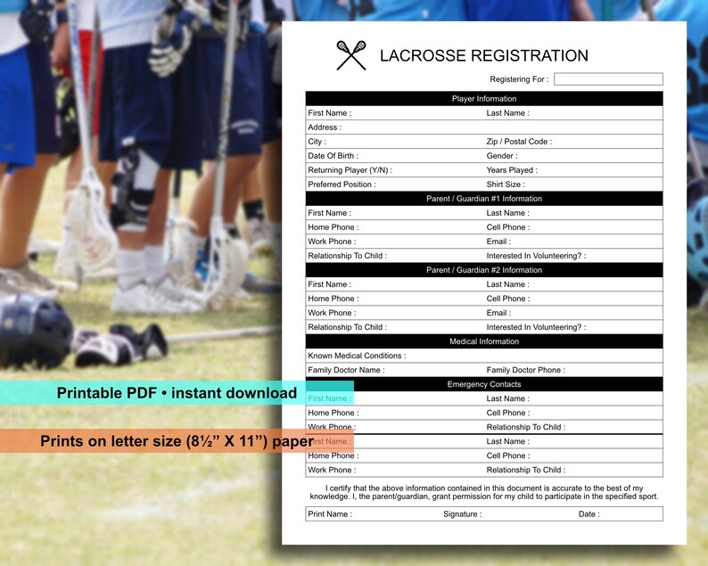 Lacrosse Registration Form Printable PDF Instant Download Etsy