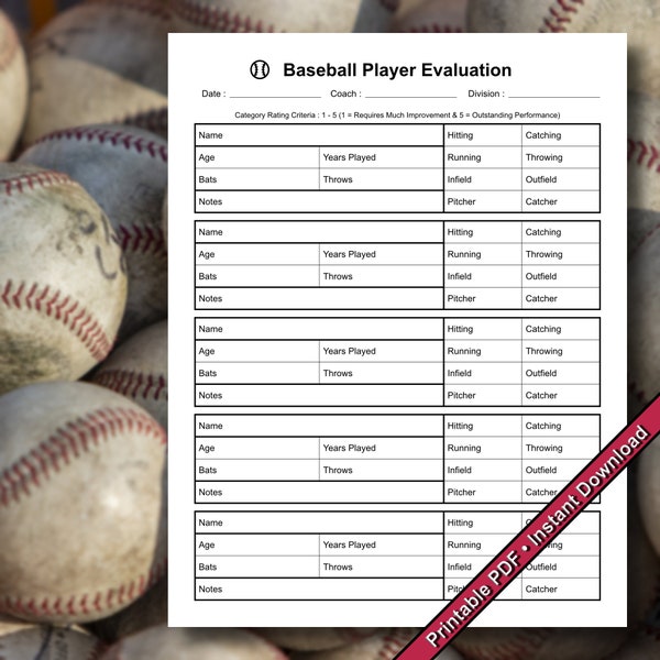 Formulaire d'évaluation d'un joueur de baseball | Formulaire d'évaluation des compétences | Formulaire d'essai | PDF imprimable | Téléchargement instantané