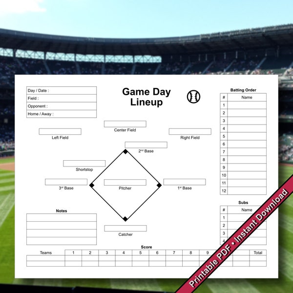 Formulaire d'alignement pour le jour du match de baseball | PDF imprimable | Téléchargement numérique instantané