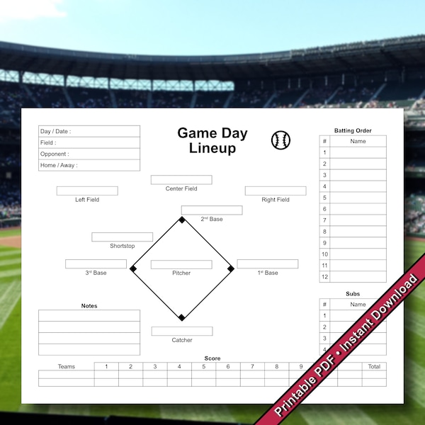 Formulaire d'alignement pour le jour du match de baseball | PDF imprimable | Téléchargement numérique instantané