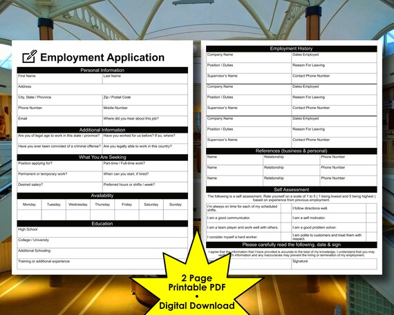 employment application form deluxe 2 page version etsy