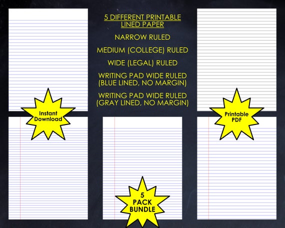 lined paper bundle 5 different styles printable pdf etsy
