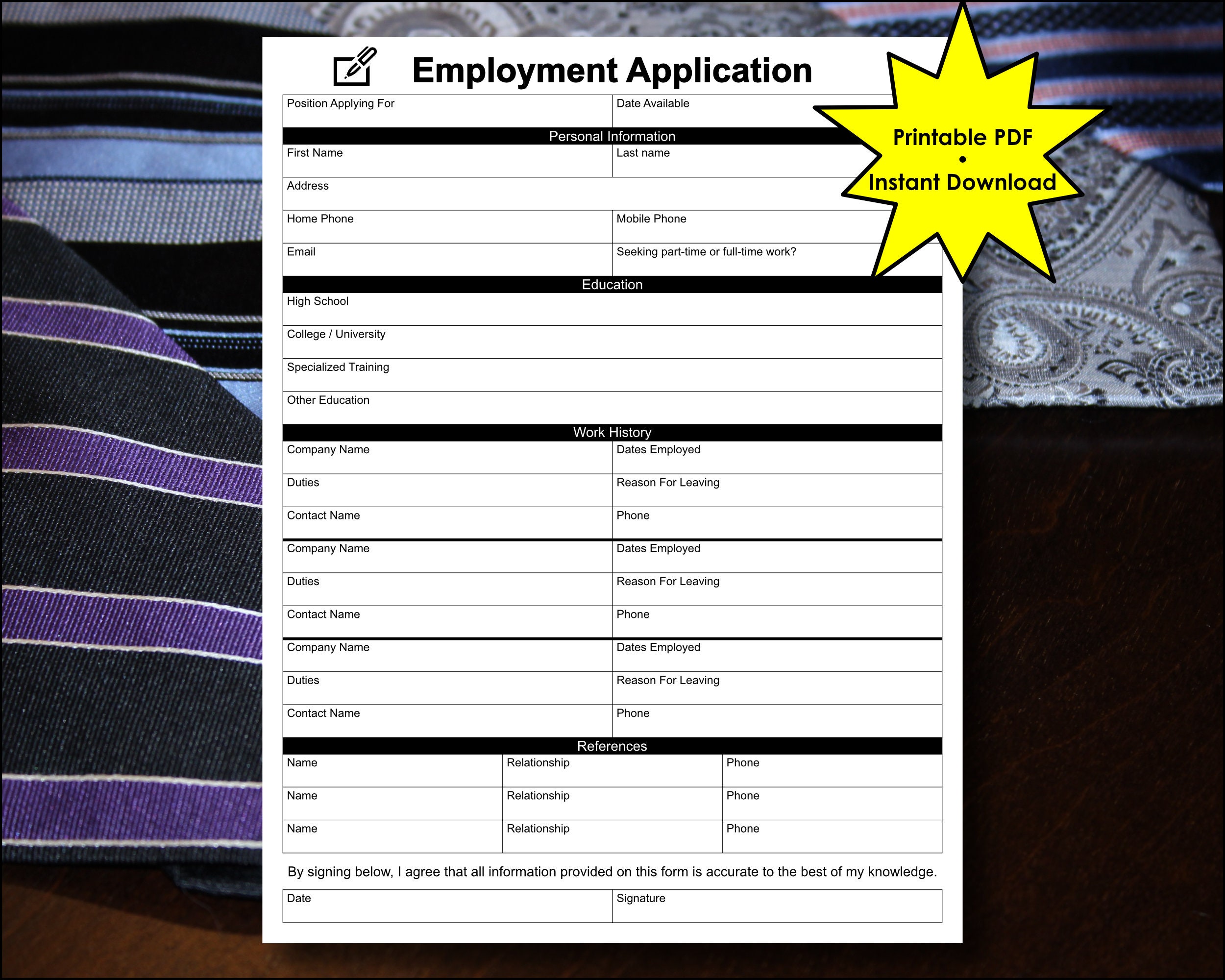 employment application form printable pdf instant digital etsy