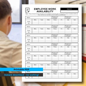 Employee Work Availability Form | Printable PDF | Instant Digital Download