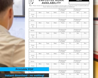 Employee Work Availability Form | Printable PDF | Instant Digital Download