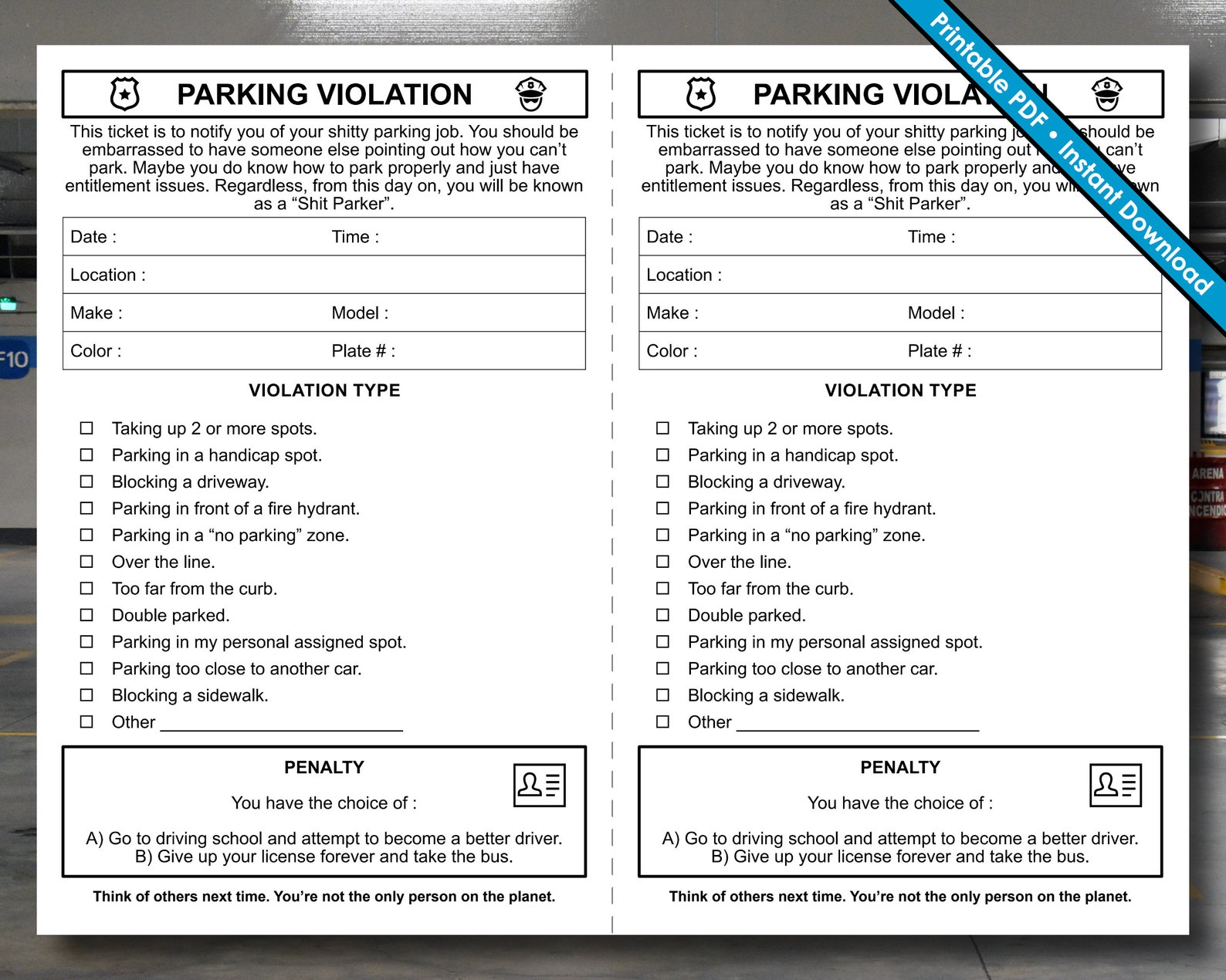 Parking Violation Ticket Fake Parking Ticket Printable PDF Instant Digital Download Etsy