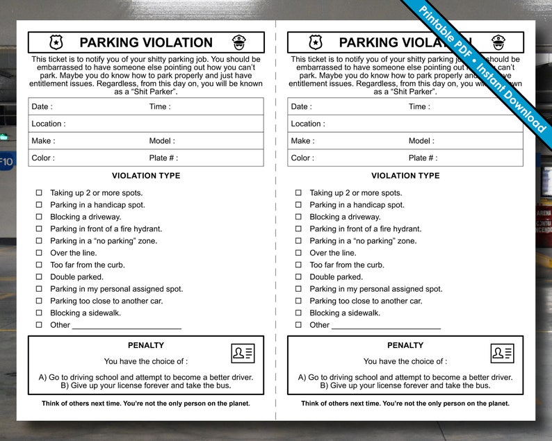 Parking Violation Ticket Fake Parking Ticket Printable PDF Instant Digital Download Etsy