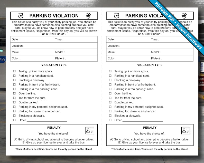 Parking Violation Ticket Fake Parking Ticket Printable PDF Instant Digital Download image 2