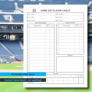 Può includere: Un modulo PDF stampabile per la formazione dei giocatori di baseball il giorno della partita. Il modulo include sezioni per l'ordine di battuta, le riserve e il punteggio, con il testo "Printable PDF form" e "Instant download - no waiting!"