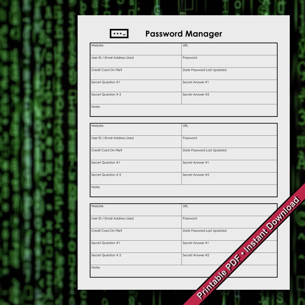 Password Manager Form | Password Tracker Form | Printable PDF | Instant Digital Download