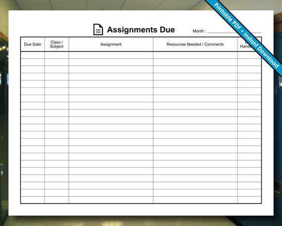 Assignments Due Sheet Printable PDF Instant Digital - Etsy
